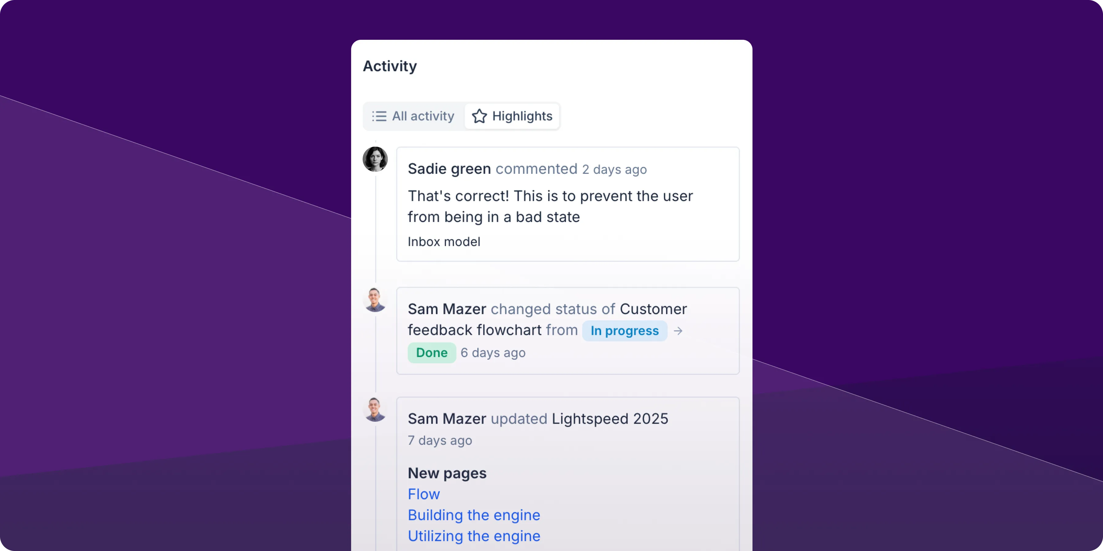 Activity highlights filter