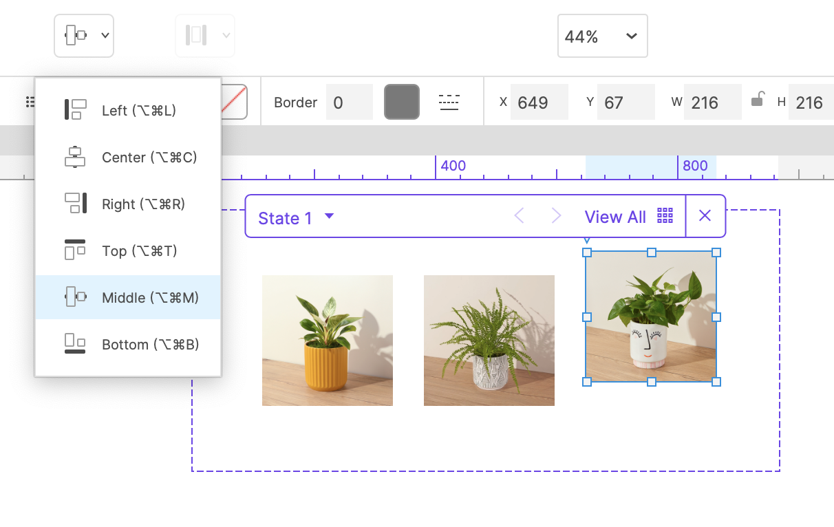 Screenshot of Axure RP 10 showcasing three potted plants on a wooden table, demonstrating how to use nested widgets within dynamic panels to create a visually appealing and interactive product display for an e-commerce website that engages customers and increases sales.