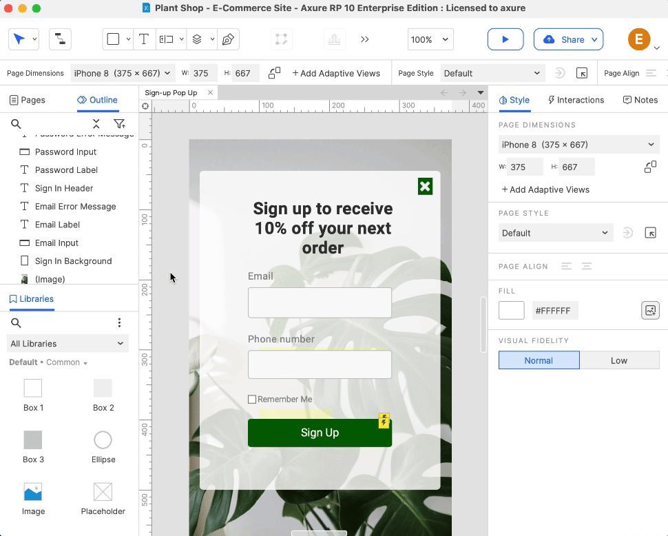 Axure RP 10: Plant Shop sign-up form. Clear labels, easy input & design for higher conversions 