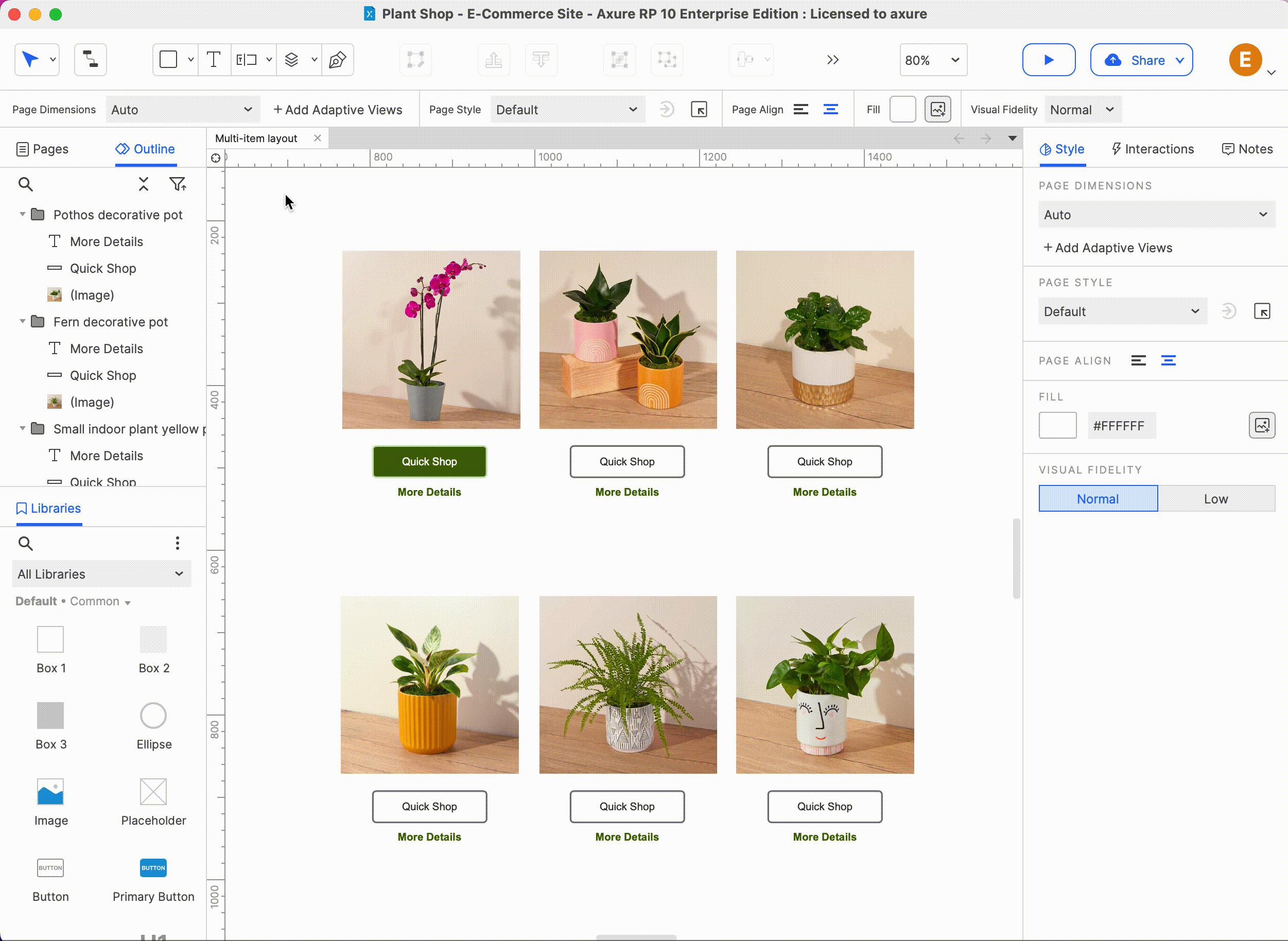 Axure RP 10: "Plant Shop" e-commerce prototype. Nested widgets, easy selection & parent alignment for a user-friendly experience